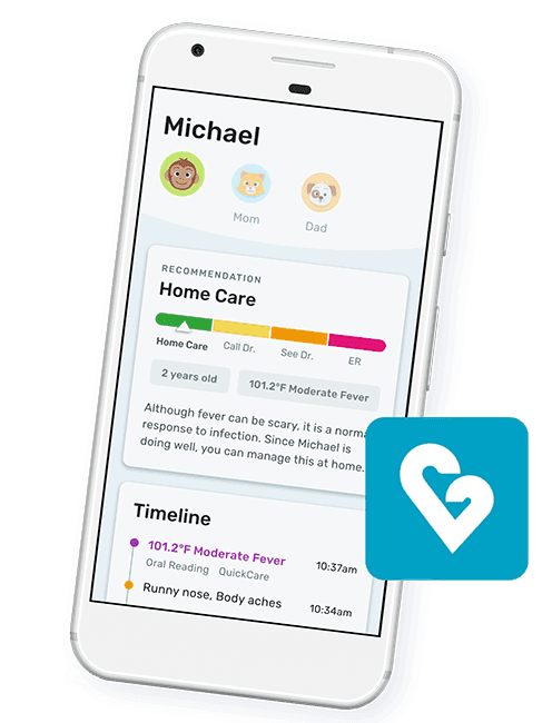 Kinsa app showing a home care recommendation and illness timeline
