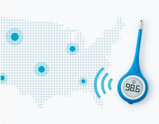 Kinsa illness map next to a QuickCare thermometer