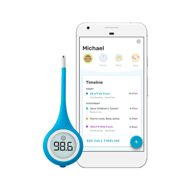 Kinsa QuickCare thermometer next to a phone showing the Kinsa app
