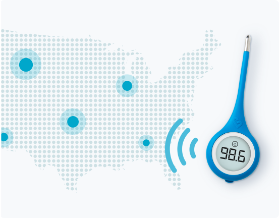 Kinsa HealthWeather map on a phone next to a Kinsa smart thermometer