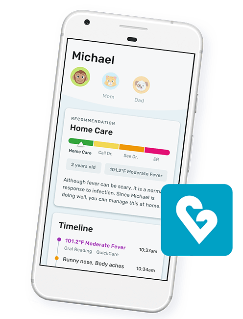 Kinsa app showing a home care recommendation and illness timeline