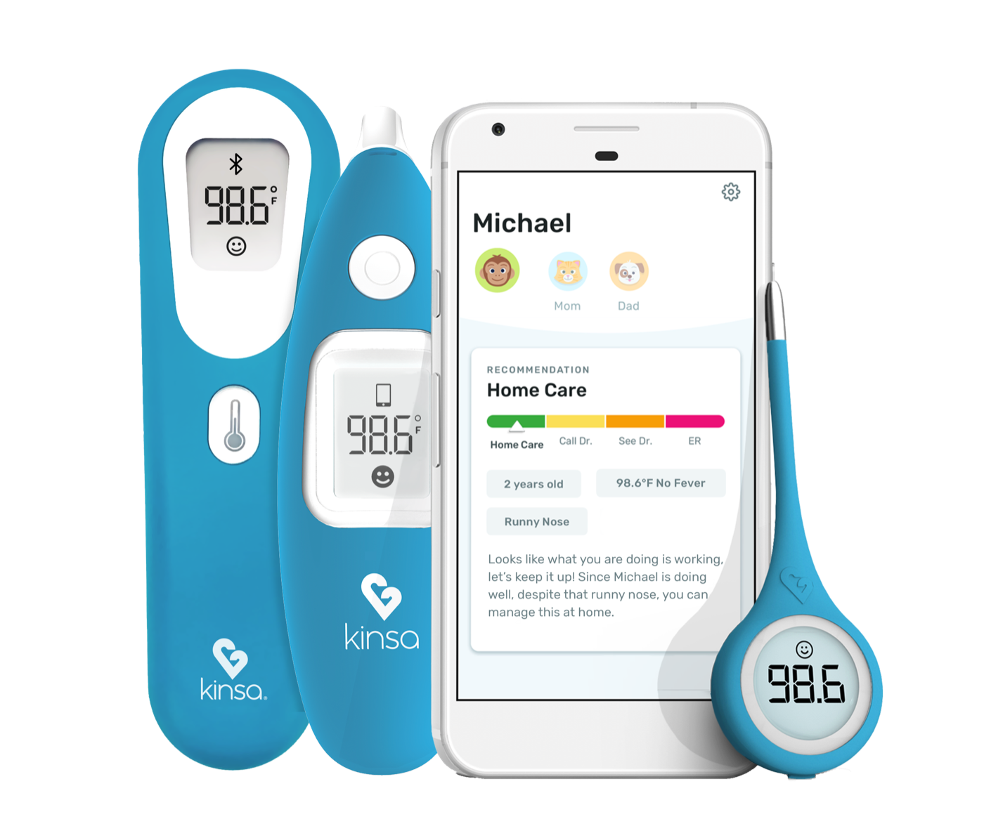 Kinsa smart thermometers next to a phone showing the Kinsa app