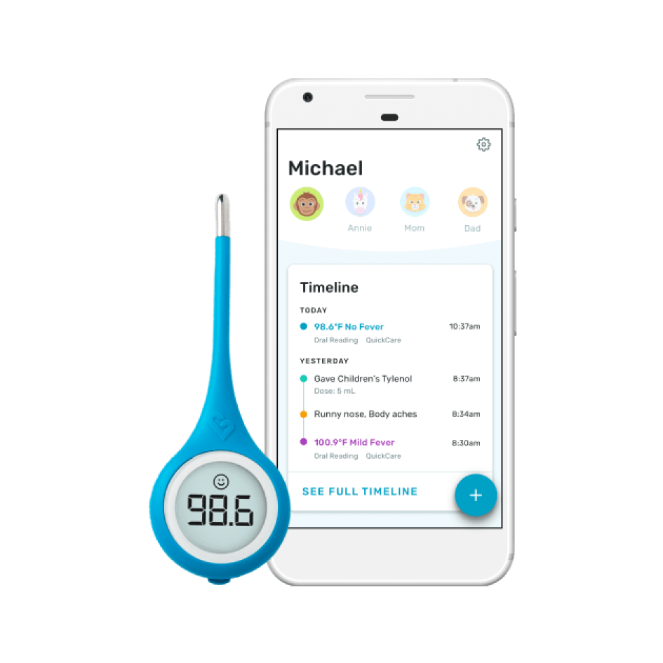 Kinsa QuickCare thermometer next to a phone showing the Kinsa app