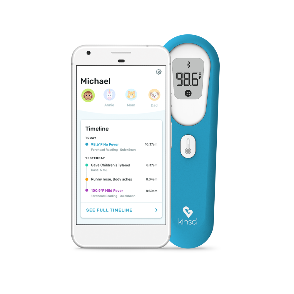 Kinsa app showing an illness timeline next to a QuickScan thermometer