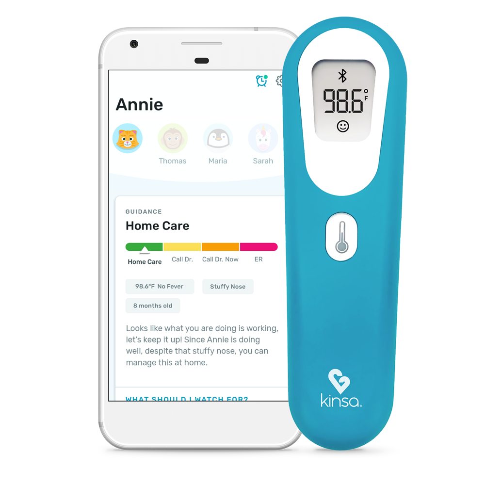 Kinsa QuickScan thermometer next to a phone showing the Kinsa app