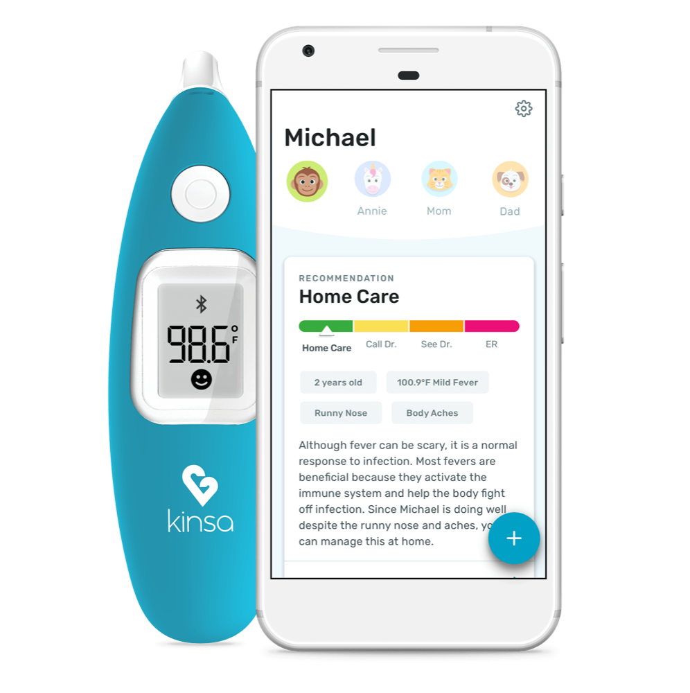 Kinsa app showing a home care recommendation next to a Smart Ear thermometer