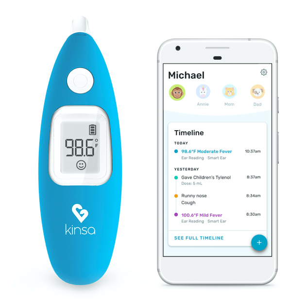 Kinsa Smart Ear thermometer next to a phone showing the Kinsa app